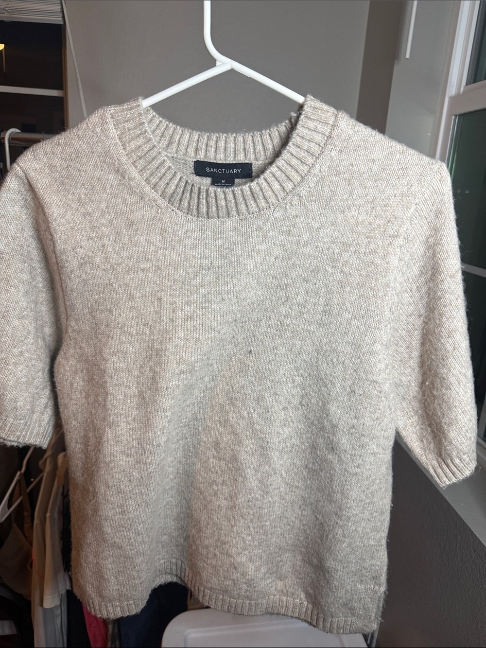 Sanctuary Short-Sleeve Crewneck Sweater in Light Beige